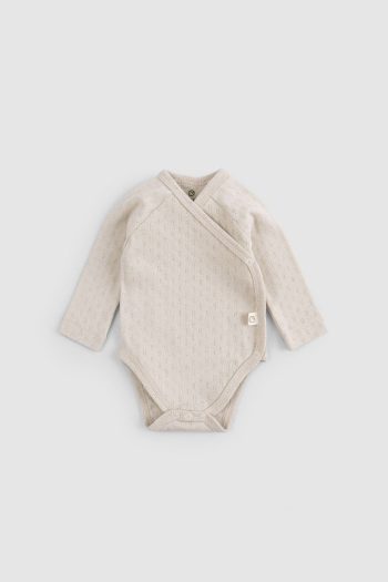 Organic Cotton Pointelle Long Sleeve Beige Cross Bodysuit