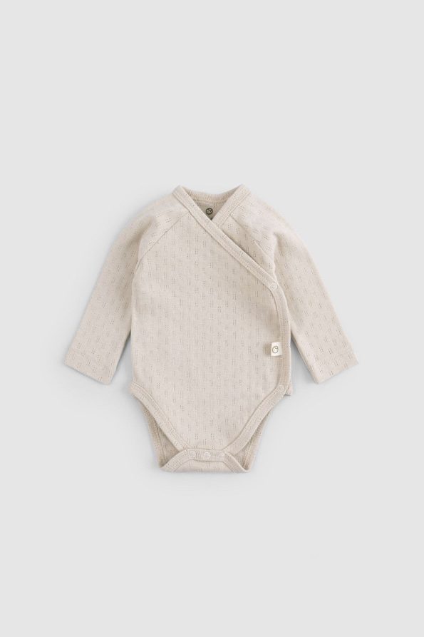 Organic Cotton Pointelle Long Sleeve Beige Cross Bodysuit