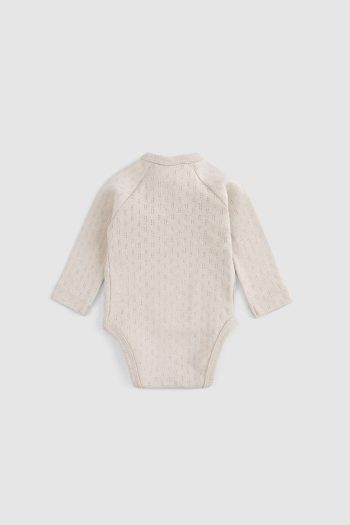 Organic Cotton Pointelle Long Sleeve Beige Cross Bodysuit