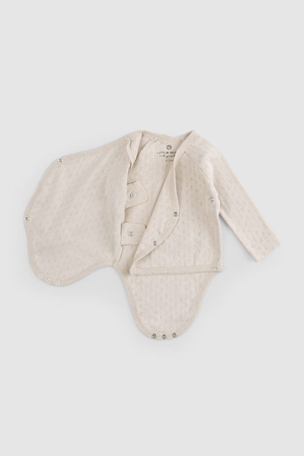Organic Cotton Pointelle Long Sleeve Beige Cross Bodysuit