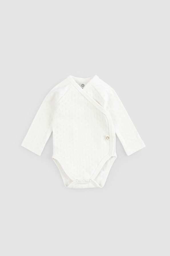 Organic Cotton Pointelle Long Sleeve Off-White Wrap Bodysuit