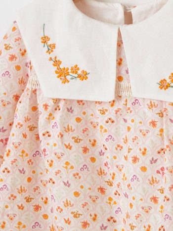 Bloomy Spring Patterned Long Sleeve Orange Dress