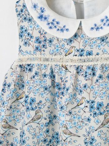 Bloomy Spring Pattern Embroidered Blue Dress