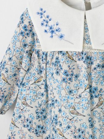 Bloomy Spring Patterned Long Sleeve Blue Dress