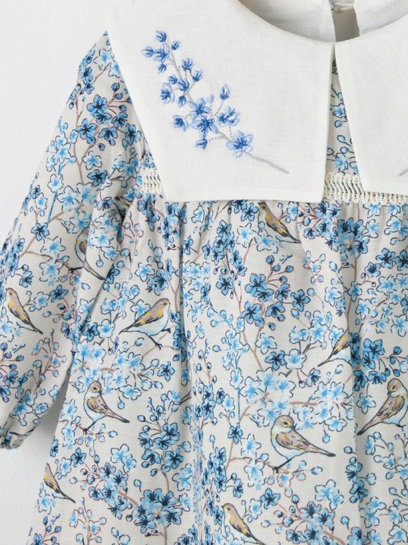 Bloomy Spring Patterned Long Sleeve Blue Dress