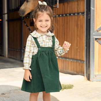Green Velvet Pinafore and Patterned Shirt Set