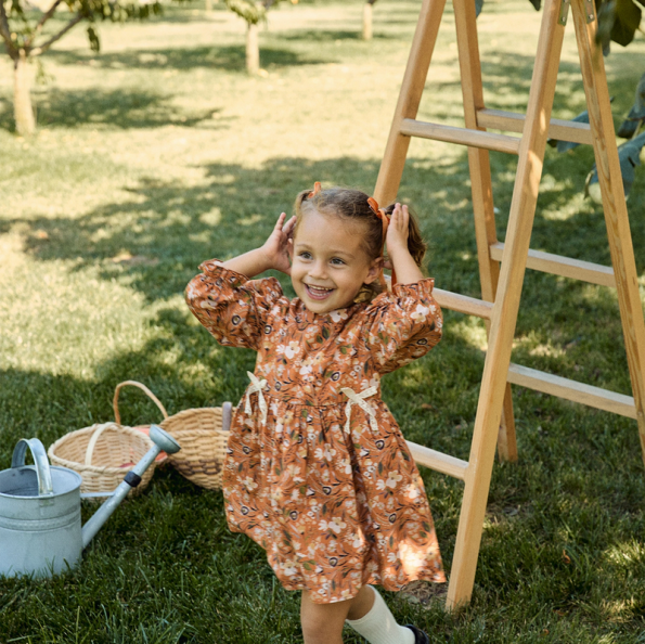 Orange Cotton Dress with Ribbon and Floral Pattern