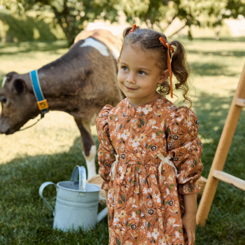 Orange Cotton Dress with Ribbon and Floral Pattern