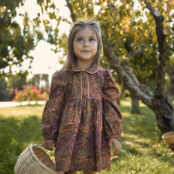 Brown Cotton Dress with Floral Velvet Trim