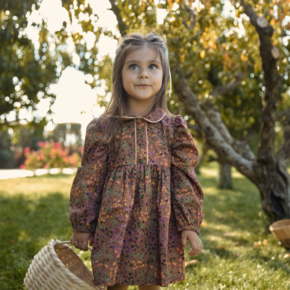 Brown Cotton Dress with Floral Velvet Trim