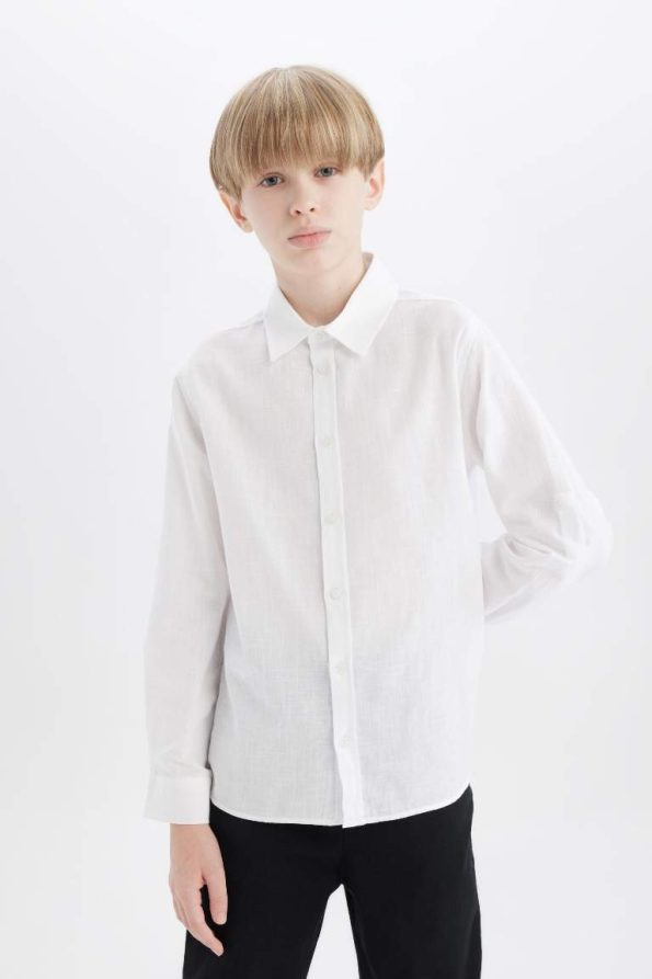 Boys' Long Sleeve Basic Polo Shirt in Linen Look
