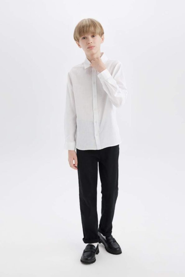 Boys' Long Sleeve Basic Polo Shirt in Linen Look