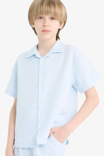 Boys' Oversized Loose Fit Polo Collar Short Sleeve Muslin Shirt