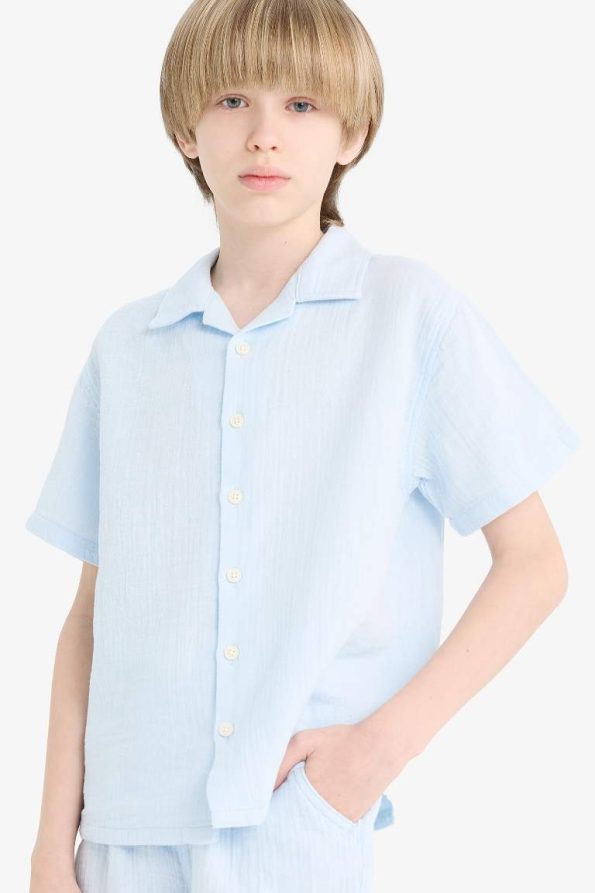 Boys' Oversized Loose Fit Polo Collar Short Sleeve Muslin Shirt