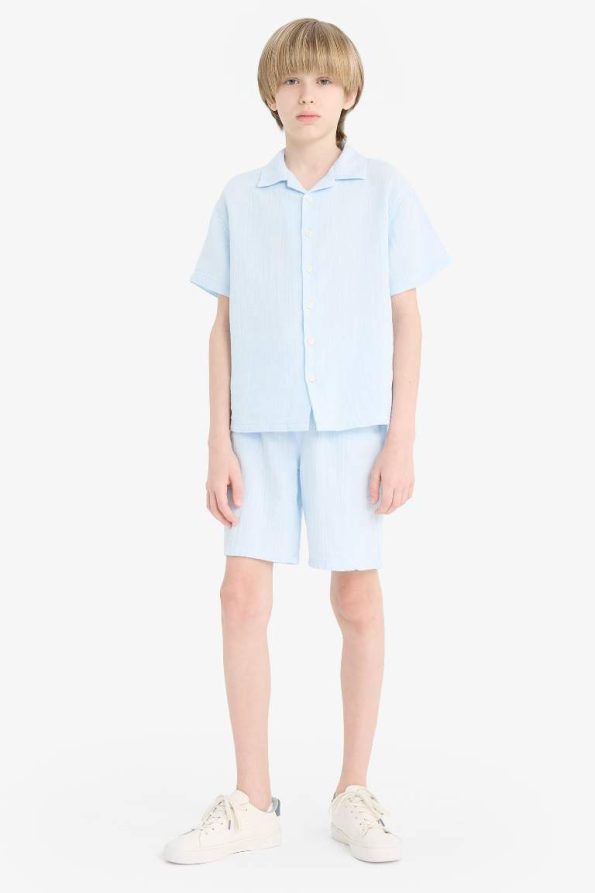 Boys' Oversized Loose Fit Polo Collar Short Sleeve Muslin Shirt