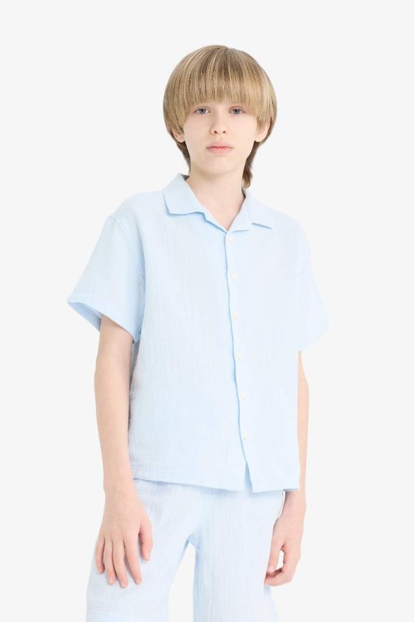 Boys' Oversized Loose Fit Polo Collar Short Sleeve Muslin Shirt