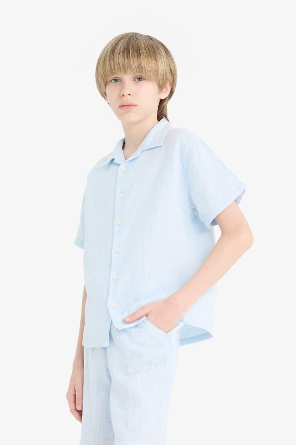 Boys' Oversized Loose Fit Polo Collar Short Sleeve Muslin Shirt