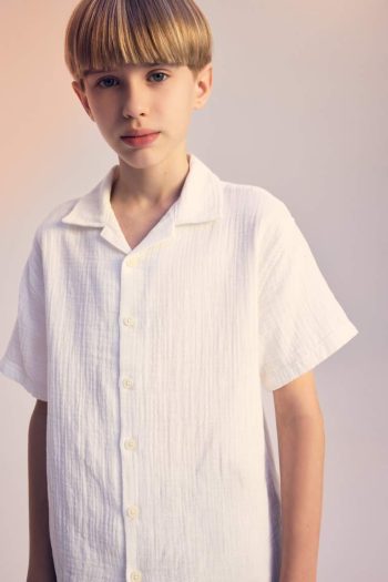 Boys' Oversized Loose Fit Polo Collar Muslin Short Sleeve Shirt