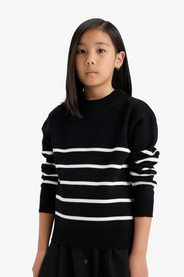 Girls' Striped Crew Neck Knit Sweater