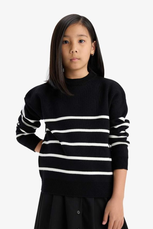 Girls' Striped Crew Neck Knit Sweater