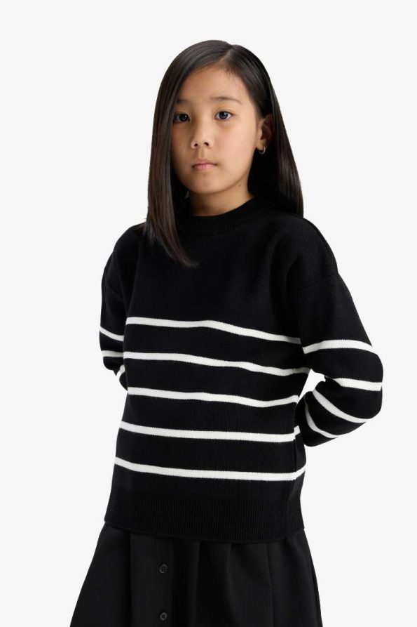 Girls' Striped Crew Neck Knit Sweater