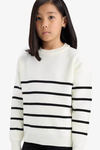 Girls' Striped Crew Neck Knit Sweater