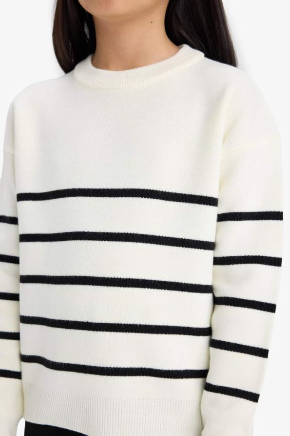 Girls' Striped Crew Neck Knit Sweater