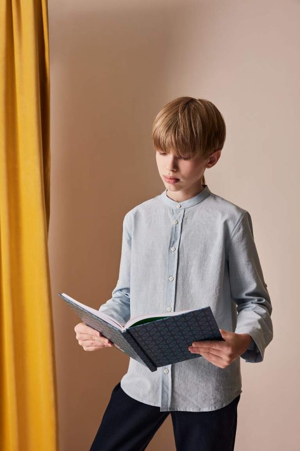 Boys' Long Sleeve Basic Linen Look Shirt with Stand Collar