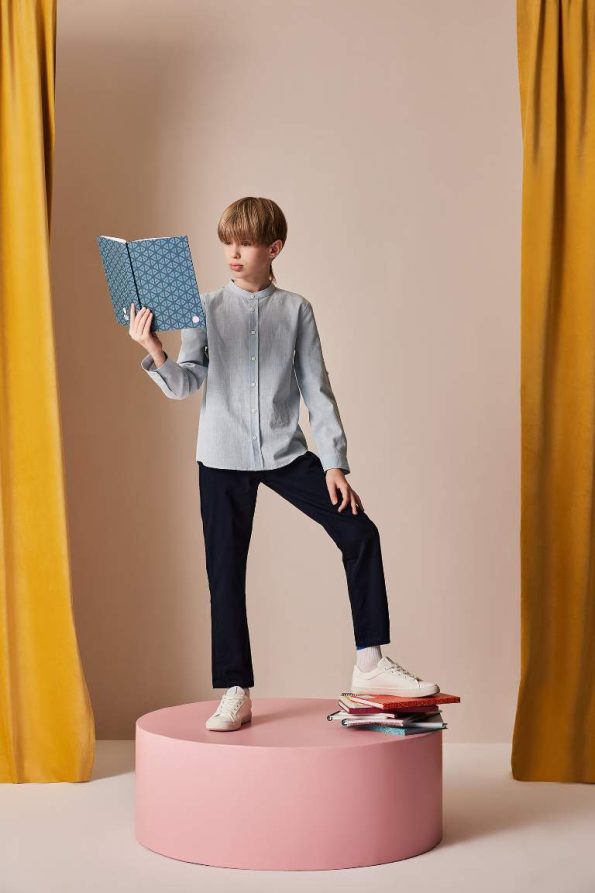 Boys' Long Sleeve Basic Linen Look Shirt with Stand Collar