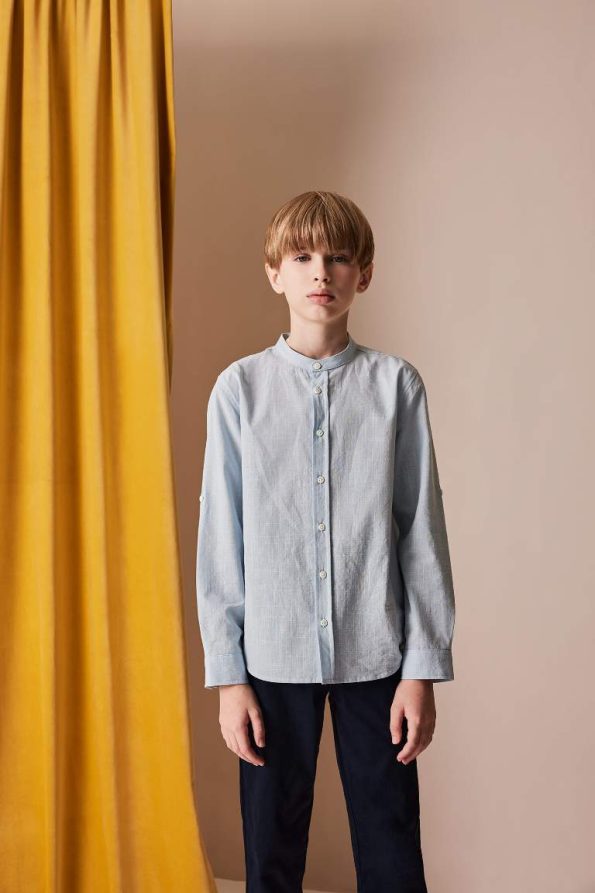 Boys' Long Sleeve Basic Linen Look Shirt with Stand Collar