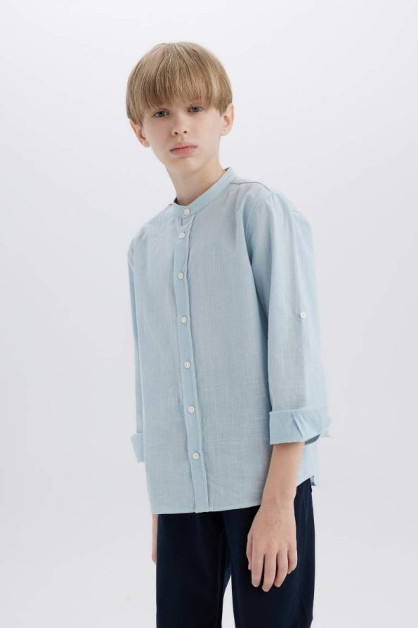 Boys' Long Sleeve Basic Linen Look Shirt with Stand Collar