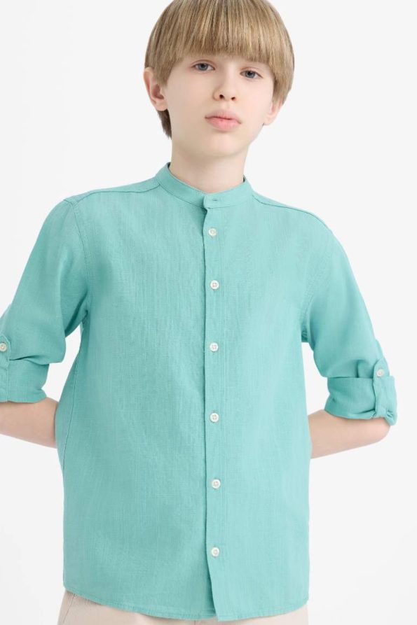 Boys' Long Sleeve Button-Up Shirt with Collar in Linen Look
