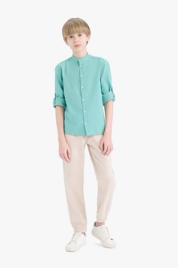 Boys' Long Sleeve Button-Up Shirt with Collar in Linen Look