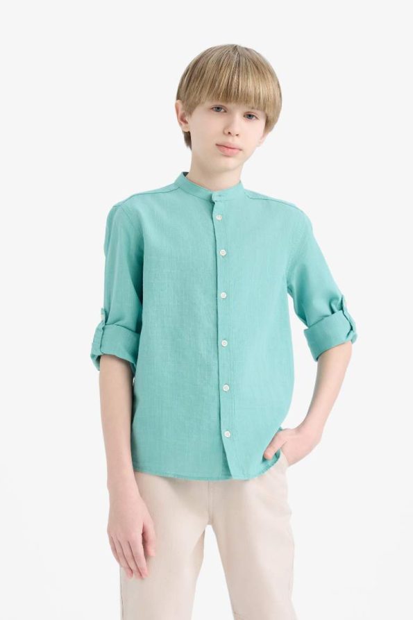Boys' Long Sleeve Button-Up Shirt with Collar in Linen Look