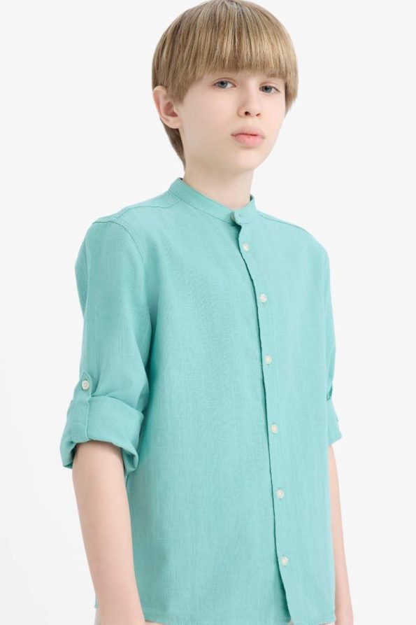 Boys' Long Sleeve Button-Up Shirt with Collar in Linen Look