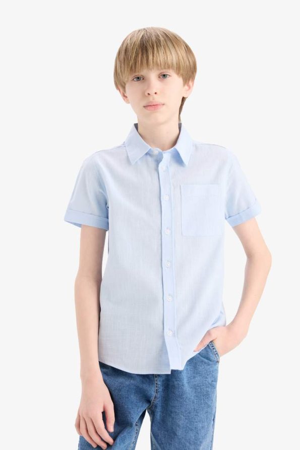 Boys' Short Sleeve Polo Collar Basic Linen Look Shirt