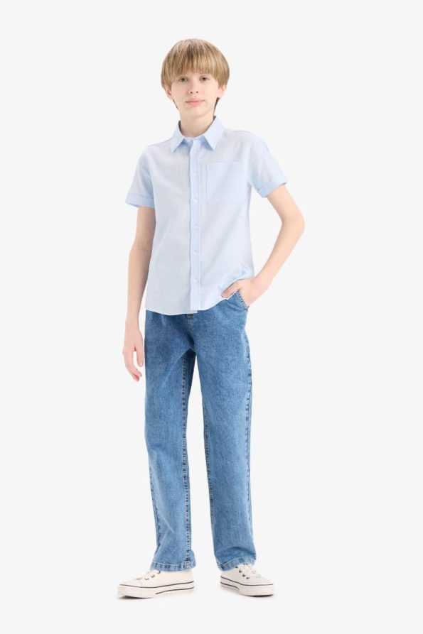 Boys' Short Sleeve Polo Collar Basic Linen Look Shirt