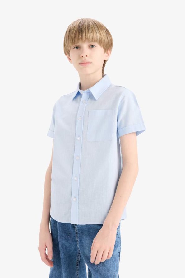Boys' Short Sleeve Polo Collar Basic Linen Look Shirt