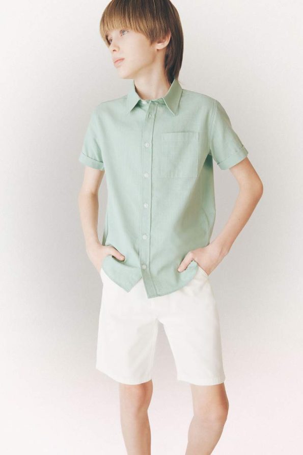 Boys' Short Sleeve Basic Polo Shirt in Linen Look