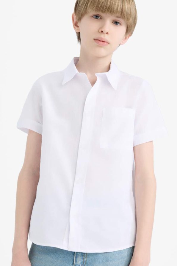 Boys' Short Sleeve Basic Polo Shirt in Linen Look