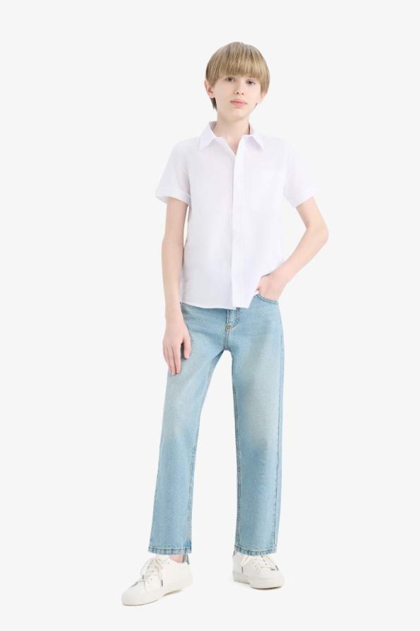 Boys' Short Sleeve Basic Polo Shirt in Linen Look