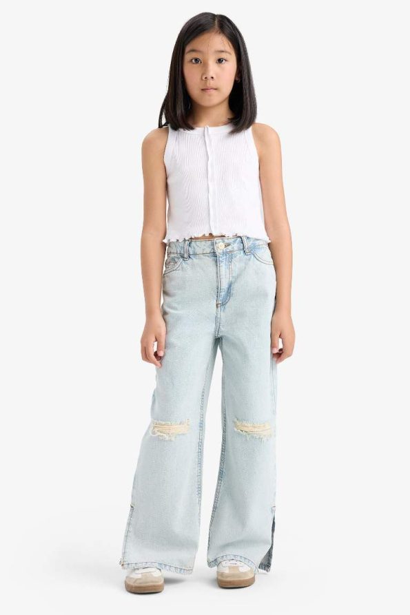 Girls' Wide Leg Distressed Denim Jeans
