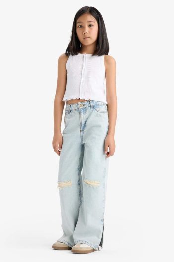 Girls' Wide Leg Distressed Denim Jeans