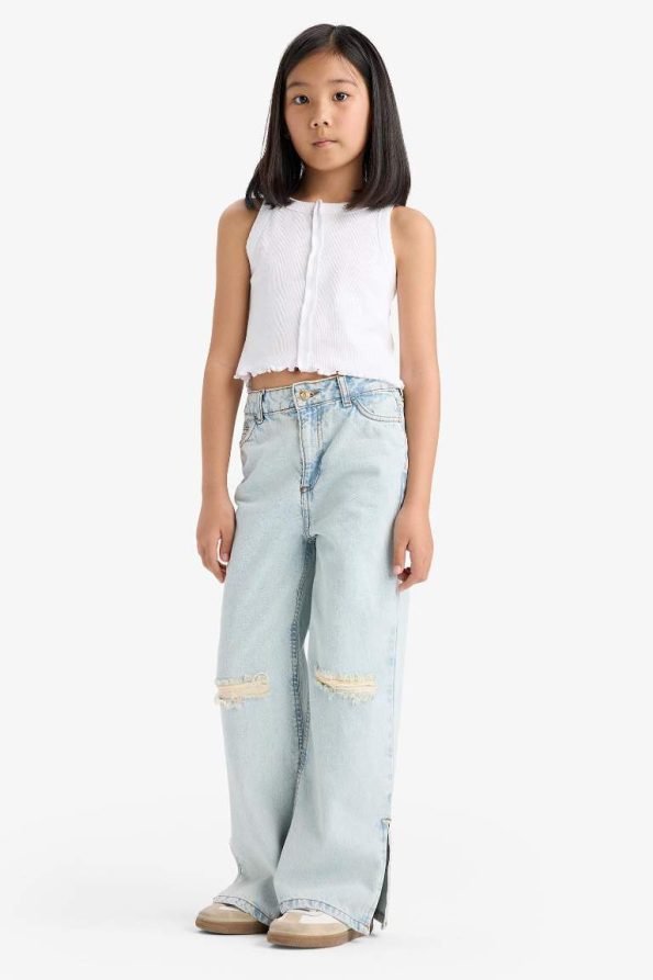 Girls' Wide Leg Distressed Denim Jeans