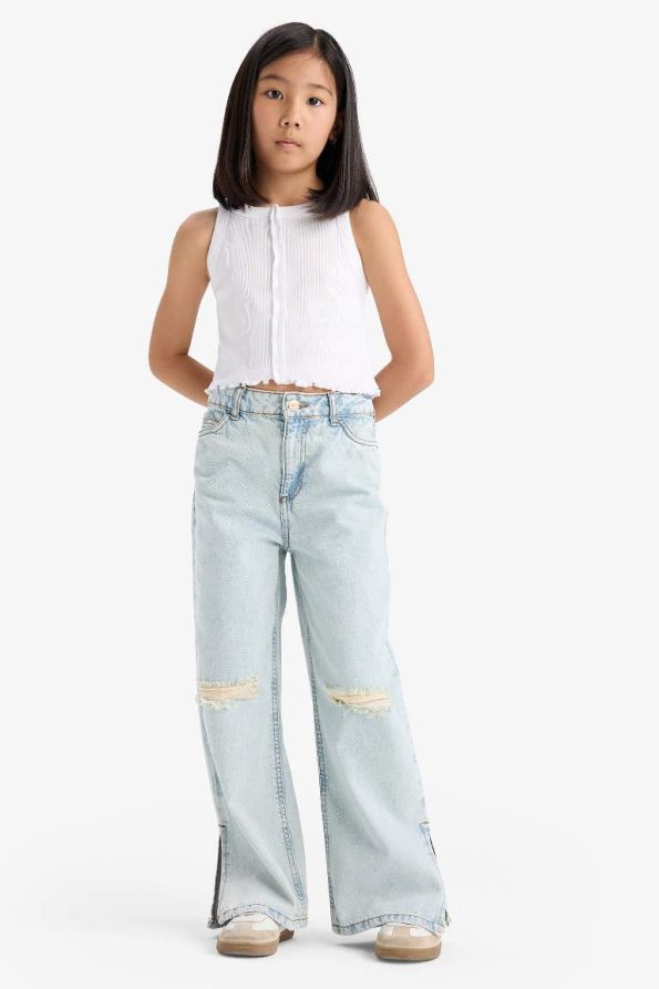 Girls' Wide Leg Distressed Denim Jeans
