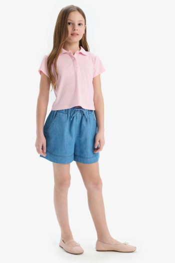 Girls' Slim Fit Polo Collar Basic Ribbed Short Sleeve T-Shirt
