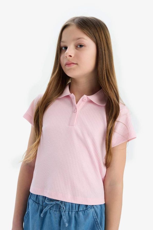 Girls' Slim Fit Polo Collar Basic Ribbed Short Sleeve T-Shirt