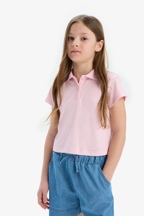 Girls' Slim Fit Polo Collar Basic Ribbed Short Sleeve T-Shirt