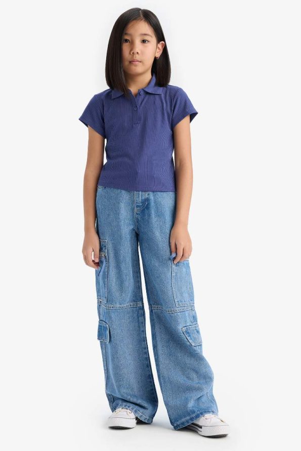 Girls Slim Fit Polo Neck Basic Ribbed Short Sleeve T-Shirt
