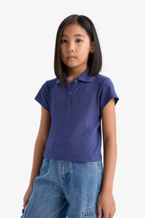 Girls Slim Fit Polo Neck Basic Ribbed Short Sleeve T-Shirt